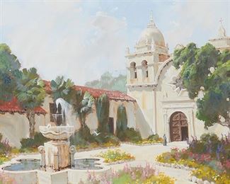 79
Jerry Van Megert
b. 1938
"Carmel Mission"
Oil on Masonite
Signed along the lower right edge: Van Megert; titled on a label affixed to the frame, verso
26.5" H x 36.5" W
Estimate: $800 - $1,200