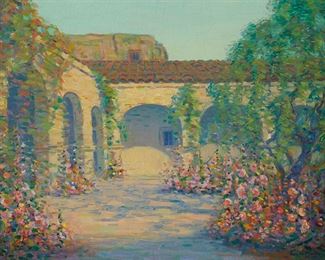80
John William Bentley
1880-1951
Mission Courtyard With Flowers
Oil on canvas
Signed lower right: John W Bentley
24" H x 30" W
Estimate: $2,000 - $3,000