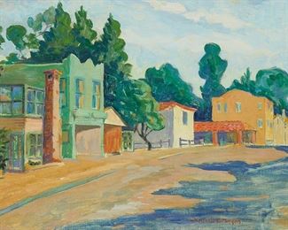 81
Charlotte Elizabeth Bodwell Morgan
1867-1947
"Downtown Carmel"
Oil on canvas
Signed lower right: Charlotte E. Morgan; titled on a gallery label affixed verso; inscribed indistinctly on the stretcher
18" H x 24" W
Estimate: $600 - $800