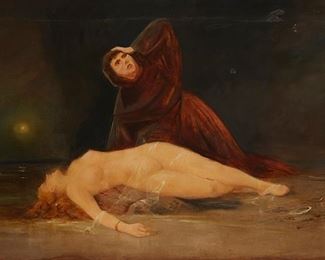 84
Thomas Oxley Miller
1854-1909
"Phrosine Meliodore," 1888
Oil on canvas
Signed and dated in the lower right corner: Oxley Miller; titled on the frame plaque
43" H x 72.5" W
Estimate: $2,000 - $4,000