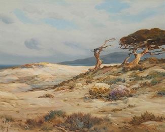 82
Angel Espoy
1879-1963
"Monterey Coast," Circa 1930
Oil on canvas
Signed lower right: A. Espoy; titled and dated on a label affixed to the frame's backing board; titled again on the frame plaque
30" H x 40" W
Estimate: $4,000 - $6,000