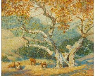 88
DeWitt Parshall
1864-1956
"Sunny Pastures"
Oil on artist board
Signed lower left: DeWitt Parshall; initialed verso: D.W.P; titled in ink on a brown label affixed verso; titled again on a gallery label affixed verso
24" H x 28" W
Estimate: $2,000 - $3,000