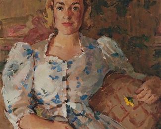 93
Clarence Hinkle
1880-1960
Portrait Of A Woman In A Floral Dress
Oil on artist board
Signed lower right: Hinkle
30" H x 26" W
Estimate: $3,000 - $5,000