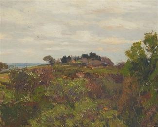 95
William Wendt
1865-1946
Landscape With A Rural House
Oil on canvas
Signed lower right: W. Wendt
15" H x 22" W
Estimate: $6,000 - $8,000
