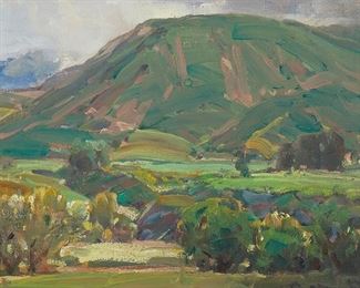 96
Hanson Duvall Puthuff
1875-1972
"Northern California Landscape"
Oil on Masonite
Signed lower right: H Puthuff; titled on a gallery label affixed to the frame; titled again and inscribed verso: Purchased 4-57
8" H x 10" W
Estimate: $2,500 - $3,500