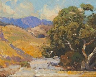 97
Hanson Duvall Puthuff
1875-1972
"Sunlit Hills," 1914
Oil on canvas laid to artist board
Signed lower left: H. Puthuff; signed again, titled, and dated in ink verso
8" H x 11" W
Estimate: $1,000 - $1,500