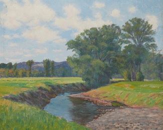 98
Edward Butler
1853-1928
"Landscape"
Oil on canvas
Appears unsigned; titled on a frame plaque, currently affixed verso
25" H x 30" W
Estimate: $800 - $1,200