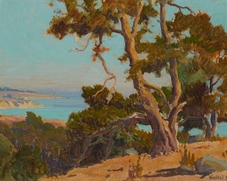 100
Elmer Wachtel
1864-1929
"View Of Ocean Near Santa Barbara," Circa 1910
Oil on Masonite
With the stamped signature and artist device at the lower right: Wachtel; titled and dated on a label affixed verso; with the ink estate stamp verso; also inscribed in ink verso: This painting bears an / estate stamped signature for Elmer Wachtel / applied Sept. 2006 by / Michael Kelley / Kelley Gallery / Pasadena / representative of the Wachtel estate
14" H x 17" W
Estimate: $5,000 - $7,000