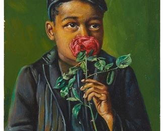 102
Elbridge Ayer Burbank
1858-1949
"The American Beauty"
Oil on canvas laid to panel
Signed lower right: E.A. Burbank; titled on a label affixed verso
10" H x 8" W
Estimate: $3,000 - $5,000