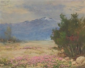 105
Robert William Wood
1889-1979
"Desert In Bloom," 1966
Oil on canvas board
With the incised signature lower left: Robert Wood; titled, dated, and inscribed in ink, verso: Robert Wood / Painted this Picture / for me near Palm Springs / Mauille Benord
16" H x 20" W
Estimate: $2,500 - $3,500