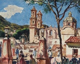 106
Emil J. Kosa Jr.
1903-1968
"Sparkling Taxco"
Watercolor on paper
Signed lower left: Emil J. Kosa Jr.; titled on the frame's cardboard backing
Image: 20.75" H x 28.75" W; Sheet: 22" H x 30" W
Estimate: $3,000 - $5,000