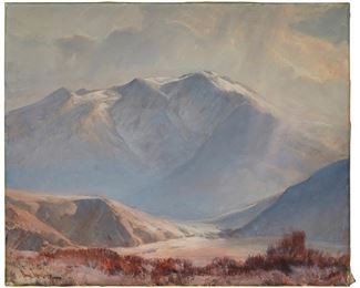 107
Paul Lauritz
1889-1975
"The First Snow Mt. San Jacinto"
Oil on canvas
Signed lower left: Paul Lauritz; titled in pencil on the stretcher
25" H x 30" W
Estimate: $1,000 - $2,000
