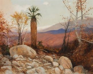 109
Lockwood De Forest
1850-1932
"Andreas Canyon, Palm Springs, Calif.," 1914
Oil on canvas
Signed and dated lower left: L de Forest; signed again and titled in pencil on the stretcher
24" H x 34" W
Estimate: $7,000 - $9,000