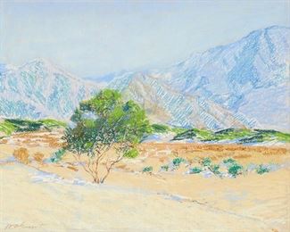 110
William Alexander Griffith
1866-1940
"Greasewood Ranch"
Oil pastel on linen laid to artist board
Signed lower right: W.A. Griffith; titled and inscribed indistinctly, verso; inscribed on a small sheet of brown paper affixed to the foam backboard: Greasewood or Creosole /Griffith / Laguna Beach, CA
Image/Sheet: 16" H x 20" W
Estimate: $2,000 - $3,000