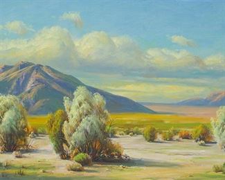 111
Paul Grimm
1891-1974
"Sunny Smoke Trees," 1970
Oil on canvas
Signed lower left: Paul Grimm; signed again, titled, and dated verso; with the copyright ink stamp of the artist verso
26" H x 40" W
Estimate: $3,000 - $5,000