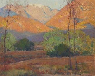 112
Arthur Hill Gilbert
1894-1970
"Evening Glow, Tujunga Canyon"
Oil on canvasboard
Signed lower right: Arthur Hill Gilbert; titled on two separate labels affixed to the frame's backing board: Evening Glow hand-written on one label, and the longer title, as listed here, typed on the other label
20" H x 24" W
Estimate: $5,000 - $7,000