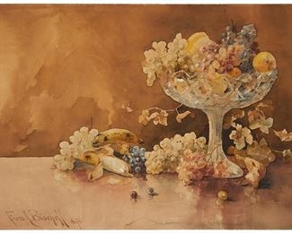 113
Franz Arthur Bischoff
1864-1929
Still Life Of Fruit, 1890
Watercolor on paper mounted to artist board
Signed and dated lower left: Franz A Bischoff
Image/Sheet: 21.75" H x 30.5" W
Estimate: $2,000 - $3,000