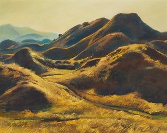 116
Emil Kosa Jr.
1903-1968
"Reflected Gold"
Oil on Masonite
Signed lower right: Emil Kosa Jr.; signed again and titled on two yellow pieces of tape affixed to the verso
24" H x 32" W
Estimate: $1,000 - $1,500