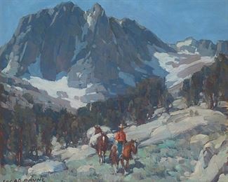 120
Edgar Alwin Payne
1883-1947
Rider On Horseback With Pack Mules In A Mountainous Landscape
Oil on canvas laid to canvas
Signed lower left: Edgar Payne
20" H x 24" W
Estimate: $40,000 - $60,000
