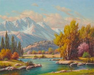 123
Paul Grimm
1891-1974
"Sierras Autumn"
Oil on canvas
Signed lower right: Paul Grimm; signed again and titled verso
24" H x 30" W
Estimate: $3,000 - $5,000