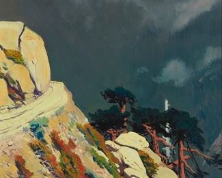 126
James Swinnerton
1875-1974
"Mountain Road," 1915
Oil on panel
Signed lower right: Swinnerton; titled and dated by repute
16" H x 14" W
Estimate: $1,800 - $2,400