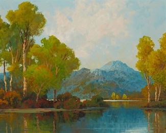 128
A.D. Greer
1904-1998
Lakeside Landscape
Oil on canvas
Signed lower right: A.D. Greer
22" H x 34" W
Estimate: $2,000 - $3,000