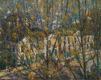 129
Clara Jane Stephens
1877-1952
Houses And Street Glimpsed Through Dense Trees
Oil on canvas laid to canvas
Signed lower right: Clara Jane Stephens
25.5" H x 36" W
Estimate: $1,000 - $1,500