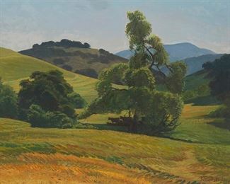 131
Ray Strong
1905-2006
Cows Under A Shade Tree
Oil on canvas laid to artist board
Signed lower right: Ray Strong
18" H x 24" W
Estimate: $2,000 - $3,000