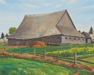 132
Ray Strong
1905-2006
Barn On A Green Hillside
Oil on canvas laid to board
Signed lower right: Ray Strong
18" H x 24" W
Estimate: $2,000 - $3,000