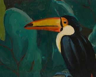 134
Jessie Arms Botke
1883-1971
Toucan
Oil on waxed canvas
Appears unsigned
8" H x 14" W
Estimate: $1,000 - $2,000