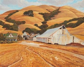 137
Ray Strong
1905-2006
House And A Barn In A Hilly Landscape
Oil on Masonite
Signed lower left: Ray Strong
26" H x 34" W
Estimate: $3,000 - $4,000