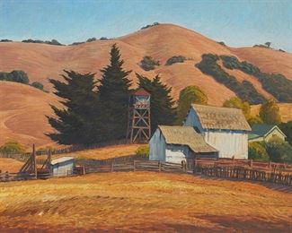 138
Ray Strong
1905-2006
Barn In A Hilly Landscape
Oil on canvas
Signed lower left: Ray Strong
20" H x 24" W
Estimate: $2,000 - $3,000