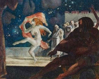 139
Millard Sheets
1907-1989
Theatrical Scene From "Solome"
Watercolor on heavy wove paper
Signed lower right: Millard Sheets; titled by repute
Image/Sheet: 16.5" H x 20.375-20.5" W
Estimate: $800 - $1,200