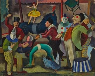 140
Frank Myers
1899-1956
"The Traveling Circus"
Oil on canvas
Signed lower left: Frank Myers; signed again and titled in ink on the stretcher; numbered verso: 2020
30" H x 36" W
Estimate: $1,500 - $2,500