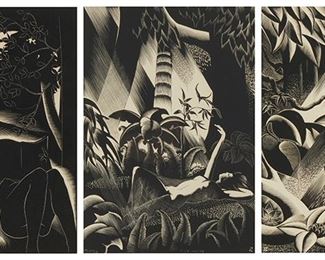 143
Paul Landacre (1893-1963)
"Sultry Days," 1937
Wood engraving on cream-colored paper
From the edition of 200, aside from the signed edition of 60
With the printed signature and date in the image, lower left: © P. Landacre; titled in ink on a label affixed to the frame's backing paper; American Artists Group, New York, NY, pub.
Image: 8.125" H x 6.125" W; Sheet: 17.75" H x 13.125" W

"Forest Girl," 1936
Wood engraving on cream-colored paper
From the edition of 225, aside from the signed edition of 60
With the printed signature and date in the image, lower center: © P. Landacre; titled in ink on a label affixed to the frame's backing paper; American Artists Group, New York, NY, pub.
Image: 8.625" H x 6.125" W; Sheet: 17.875" H x 13.125" W

"Rima," 1936
Wood engraving on cream-colored paper
From the edition of 225, aside from the signed edition of 60
With the printed signature and date in the image, along the lower edge: © P. Landacre; titled in ink on a label affixed to the frame's ba