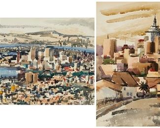 150
June Felter
1919-2019
View Of Oakland (Two Views)
Watercolor on double-sided paper
Signed in pencil at the lower left on both sides of the paper: June Felter; titled on the frame plaque, recto side of the frame
Sight of recto: 22" H x 30" W; Sight of verso: 28" H x 20.75" W
Estimate: $800 - $1,200