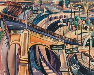 149
Edward Reep
1918-2013
"Building The Hollywood Freeway," 1955
Watercolor on heavy wove paper
Signed lower left: Reep; titled in ink, verso; dated by repute
21.625" H x 29.75" W
Estimate: $2,000 - $3,000