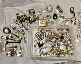 Large selection of sterling silver jewelry, flatware, and other silver items