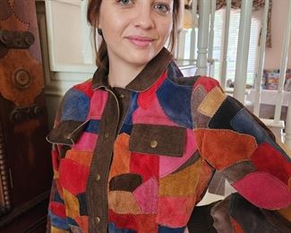 vintage jackets and coats..this is a lovely patchwork leather jacket modeled by my sweet Emm