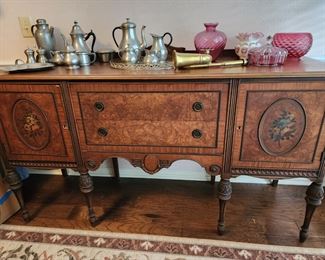beautiful buffet, probably from the 1940's, has matching china cabinet and dining table with 5 chairs
