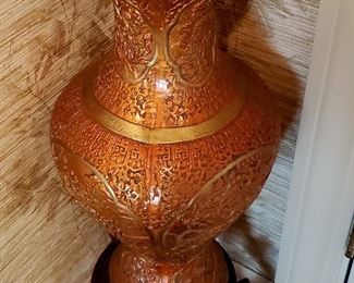 LARGE 20" ANTIQUE CHINESE RED CINNABAR Style CARVED