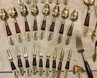 Vintage  54 Pc Set of James Solid Brass Flatware Set from Bangkok with Wooden Handle  in Original Wooden Case 
