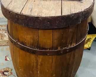 Vintage Whiskey Barrel With Unique Lid - Great Rustic Trash Can