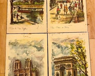 Set of (4) Scenes of Paris on Wood Blocks to Hang