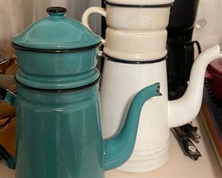 Spectacular Turquoise and White Enamelware French Drip Coffee Pots
    Bothe are in Excellent t Condition 
    & Have All Their Parts!🙌🙌🙌