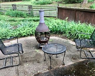 Set of 2 Vintage Wrought Iron Chairs and Table $150, Chiminea $85
