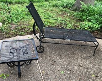 Vintage Wrought-Iron Adjustable Chaise Lounge on Wheels & Small Side Table $145