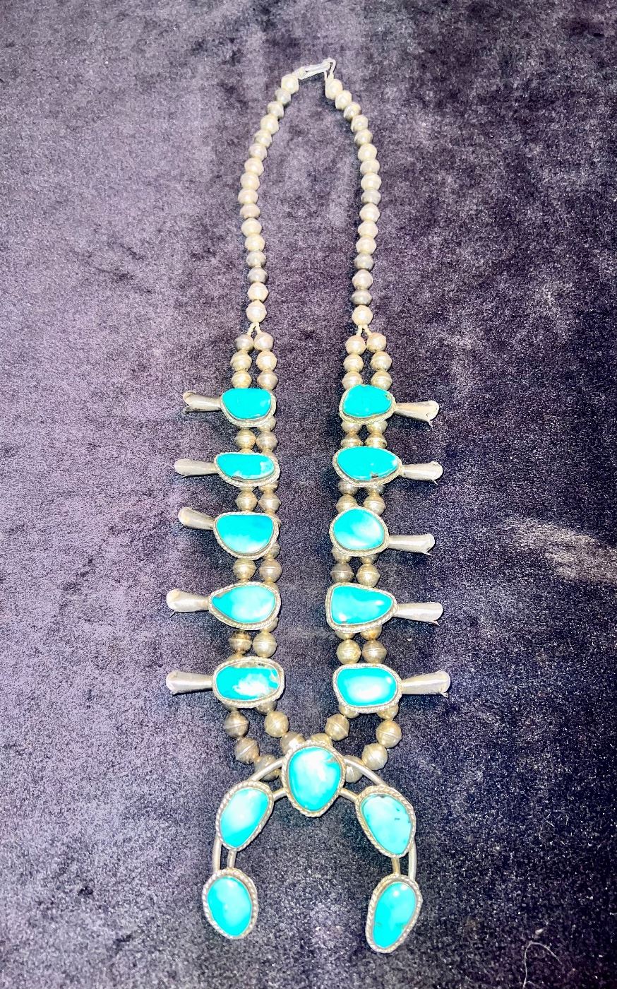 Vintage Navajo Starling & Turquoise squash blossom