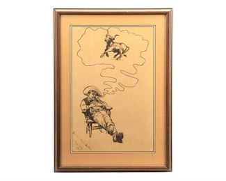 Christina Griffis, dozing cowboy dreaming of a steer, 1913, ink drawing