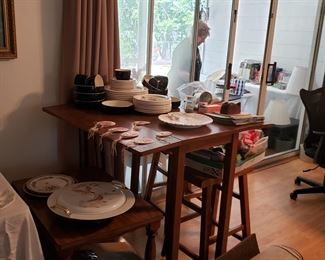 Bar height drop leaf table and 2 stools 